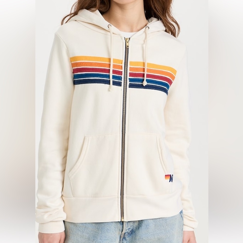 Aviator Nation Cream Zip Hoodie with Rainbow Stripe
